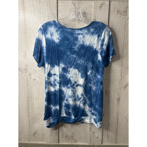 Tie-Dye Blue & White Rayon Spandex Short Sleeve Womens Shirt Top Size M - Picture 2 of 6